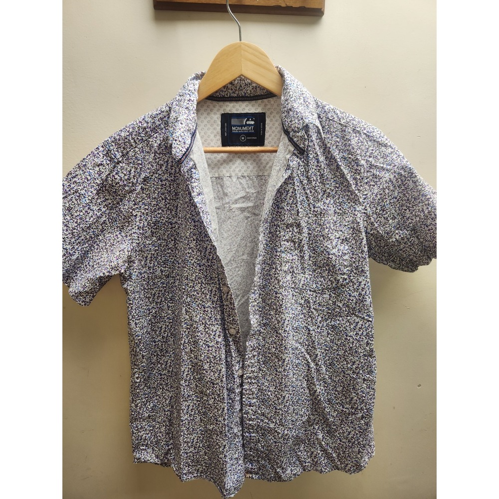 Monument Mens Short Sleeve Button Down Shirt Purple Blue Floral‎ Print Cotton M
